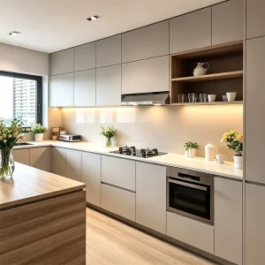 Elabor White High Gloss Melamine Cabinet Solution with Waterfall Island and Faucet for Modular Kitchens