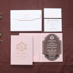 Elegant Baby Pink Velvet Hardcover Invitation Booklet Custom Gold Ornate Acrylic Invitation Cards for Formal Wedding Supplies