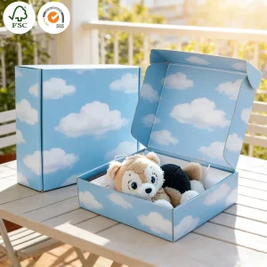 Elegant Blue Cloud Pattern Waterproof Customizable Gift Box Recyclable Sturdy Cardboard Packaging for Plush Toys Luxury Holiday