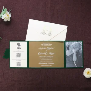 Elegant Custom Tri Fold Hardcover Invitation with Gold Mirror Acrylic Main Card & Personalized Bride Groom Photo for Wedding