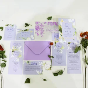 Elegant Light Purple Theme Color Customized Design Floral Wedding Invitation Set with Vellum Envelopes