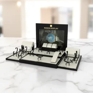 Elegant Luxury Design Custom Logo Black+White MDF+Metal Acrylic Watch Presentation Display Stand Environmentally Friendly