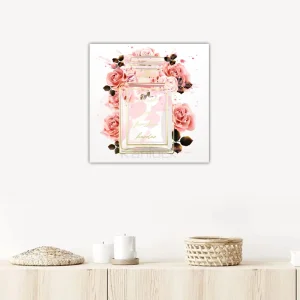 Elegant Modern Original Perfume Bottle Lush Pink Roses Flower Oil Canvas Art Print Multiple Colours 40x40cm Digital Embossing