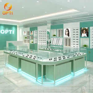 Elegant Optical Shop Display Racks Wooden Curved Reception Desk LED Wall Mounted Eyewear Showcase
