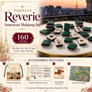 Elegant Paris Reverie Mahjong Game Set, 4-Layer Acrylic Tiles with Green Backs and Matching Mahjong Mat