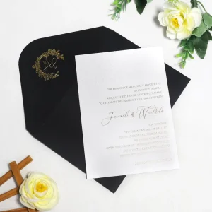 Elegant Wedding Invitation Colorless Debossed Floral Design with Gold Foil Logo Black Envelope