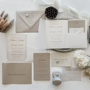Elegant Wedding Invitation Suite with Ivory Pocket Folder Trifold Luxury Marriage Celebration Reception Banquet Invitations Set