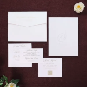 Elegant White Textured Hardcover Invitation with Shiny Foil logo and Custom Small Cards & Color Inner Envelope for Wedding Event