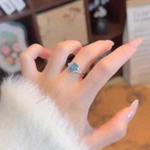 Emerald Cut Lab Grown Blue Diamond Ring 18K White Gold Plated Women Engagement Wedding Bridal Band Ring