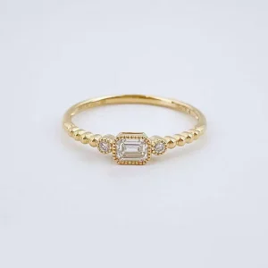 Emerald Cut Lab Grown Diamond Ring 18K Yellow Gold Plated Round Accented Vintage Milgrain Beaded Edge Engagement Ring for Women