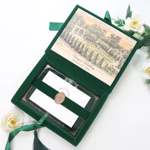 Emerald Forest Green Velvet Wedding Invitation Box Personalized Venue Sketch Lid Acrylic Cards with RSVP & Wax Seal for Events