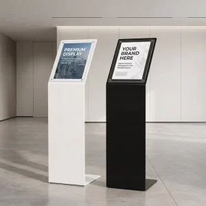 Ergonomic Seamless Curved Steel Acrylic Information Directory Wayfinding Board Museum Event Welcome Pedestal Sign Display Stand