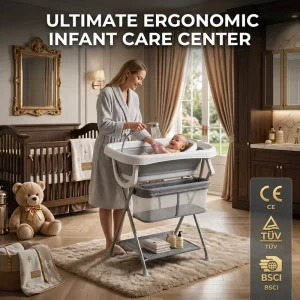 Ergonomic Standing Foldable Baby Bathtub Changing Table Station Integrated Storage Basket Infant Care Supplier