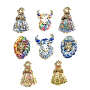 European Court Style Enamel Brooch Colorful Rhinestone Lion Bull Sheep Lapel Pin Women Accessory