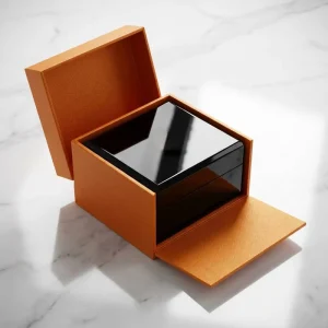 Exquisite Orange Textured Leather Flip Gift Box Custom Logo Gloss Wooden Watch Jewelry Box for Holiday Gift Packaging