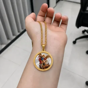 FORTUSYMBOL Catholic Michael the Archangel Medal Necklace Stainless Steel Jewelry Customizable Patterns Religious Gift