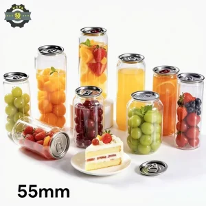 Factory 55mm Mouth Clear PET Pop Can BPA Free Airtight Soda Can for Juice Drink Cake Candy Snack Packaging Custom Logo