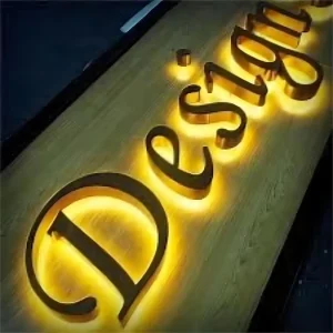 Factory Custom Golden 3D Backlit Logo Sign Stainless Steel Reverse Channel LED Light Source for Office Shop Studio Name