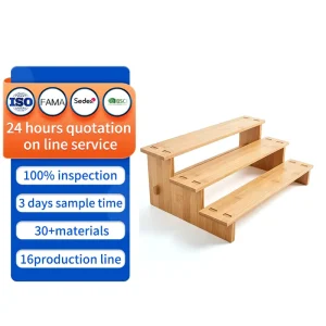 Factory Custom Smooth Grain Bamboo Three Layer Raised Step Structure Stable Bamboo Display Stand for Cup Perfume Showcase