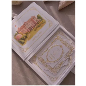 Factory Custom Velvet Wedding Invitation Box with Watercolor Venue Sketch Gold Hot Stamping Embossed Paper Invitation Card Set