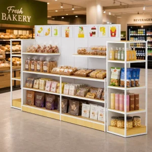 Factory Direct Large Fruit Snack and Cookie Display Rack Metal Adjustable Display Stand Supermarket Shelving