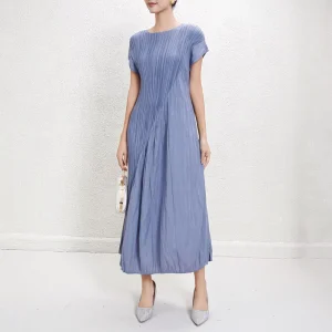 Factory Direct Sales Pleated Short Sleeve Dress Women Summer Holiday Beach Style Casual Dress