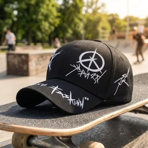 Factory Punk Style 6-Panel 100% Cotton Baseball Cap Custom Printed Geometric Pattern Hip Hop Streetwear Adjustable