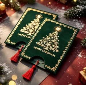 Fancy Dark Green Velvet Christmas Card with Gold Patterns and Bright Red Tassels a Cute Little Paper Gift for Christmas