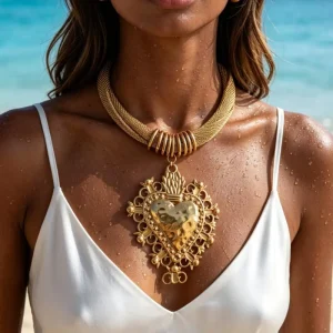 Fashion Jewelry OEM ODM Gold Heart Choker Necklace Vintage Heart Mesh Chain Statement Gold Necklaces Women Jewelry