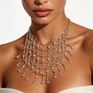 Fashion Jewelry OEM ODM Multi Layer Water Diamond Tassel Necklace Full Diamond Oversized Layered Rhinestone Bib Bridal Necklaces