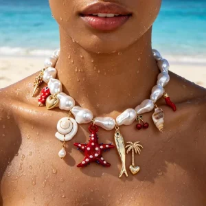 Fashion Jewelry OEM ODM Statement Choker Necklace Irregular Baroque Pearl Mixed Red Starfish Fish Conch Shell Gold Neckleces