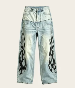 Flame Print Men’s Jeans Rockstar Flare Jeans Men High Streetwear Baggy Jeans Men Vintage Wash Denim Pants