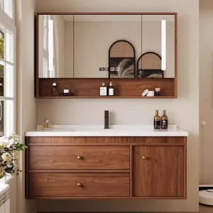 Floating Space Saving Bathroom Vanity Modern Design Sintered Stone Top Cabinet Smart Defogging Mirror for Gym Outdoor Use