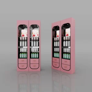 Floor Standing Wooden Cosmetic Display Cabinet with LED Lighting for Minimalist Style Beauty and Skin Care Shops
