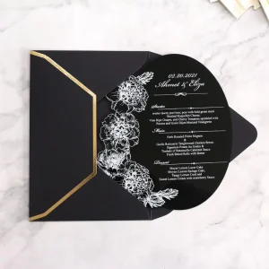 Floral Design Black Acrylic Menu Card Luxury Handmade Wedding Invitations with Envelope Hot Stamping Foil Paper Material