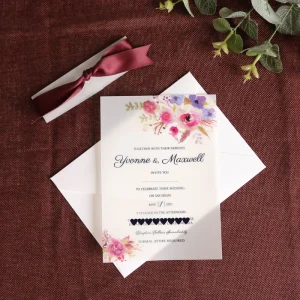 Floral Vellum Invitation Cards Customized Size and Design with Ribbon in Envelope for Wedding and Birthday Party Event