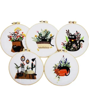 Flower Cross Stitch Kit Handmade Yarn Stamped Embroidery Starter Kit With Hoop and Color Threads