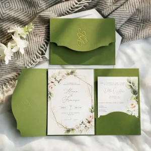 Forest-style Eco-Friendly Recyclable Wedding Invitation Card Tri-fold Pocket Paper Wedding Invitation Set Watercolor White Roses
