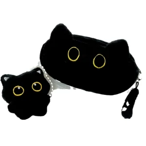 Fortunate Cat Plush Pencil Bag Cute Coal Ball Cat Stationery Storage High Value PP for Students Washed Technique Stress Relief