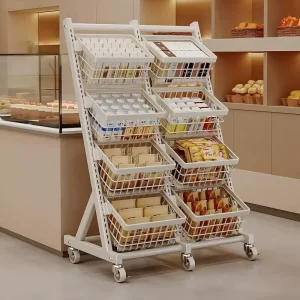Four-Tier Carbon Steel Standing Supermarket Shelves Fruit Vegetable Grocery Display Racks Wheels for Retail