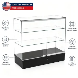 Frameless Tempered Glass Metal Light Duty Display Stand Adjustable Shelves Lockable Sliding Door for Retail Gift Shops