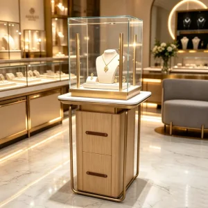 Freestanding Luxury Jewelry Display Stand Illuminated Glass Showcase with Wooden Drawer Base