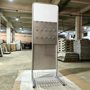 Freestanding Metal Display Rack with Hooks and Bottom Basket for Retail Store Supermarket Commercial Use
