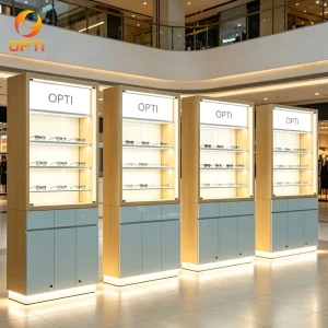 Freestanding Wooden Metal Eyewear Display Cabinet LED Light Lock Storage Glass Shelf for Mall Optical Store