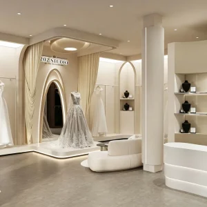 French Inspired Cream Bridal Boutique Turnkey Fit Out with Custom MDF Wedding Dress Displays Fitting Rooms and Suit Cabinets