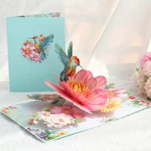 Fresh Blue Hummingbird Large Flower 3D PopUp Paper Greeting Card Mother’s Day Thank You Handwritten Blessing Gift