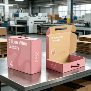 Full Color Printed Shipping Packaging Box Custom Corrugated Paper Wine Glass Mailer Box with Plastic Handle and Cardboard Insert
