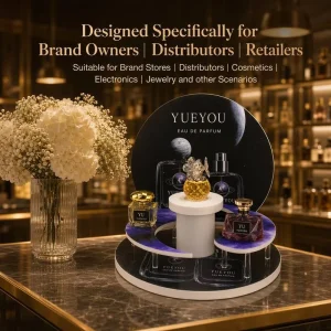 Galaxy Print Spiral Tier Acrylic Perfume Display Stand Circular Celestial Backdrop Multi Level Counter Display Rack