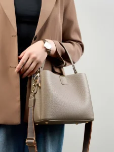 Genuine Cowhide Leather Bucket Bag Multi-Way Crossbody Handbag with Three Straps Vintage Shoulder Bag