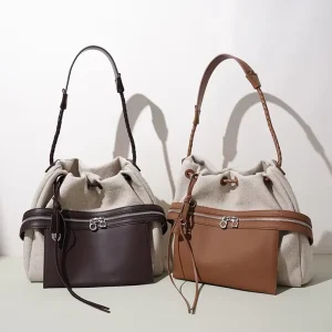 Genuine Leather Linen Cotton Drawstring Bucket Bags Commuting Women’s Handbags Luxury Design Shoulder Bags